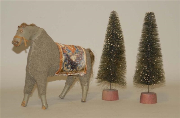 CLOTH-COVERED WOODEN HORSE & 2 TREES.             