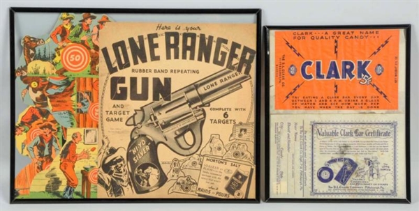 LONE RANGER FRAMED CANDY ADS & RUBBER BAND GUN.   