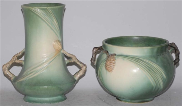 PAIR OF GREEN PINE CONE ROSEVILLE PIECES.         