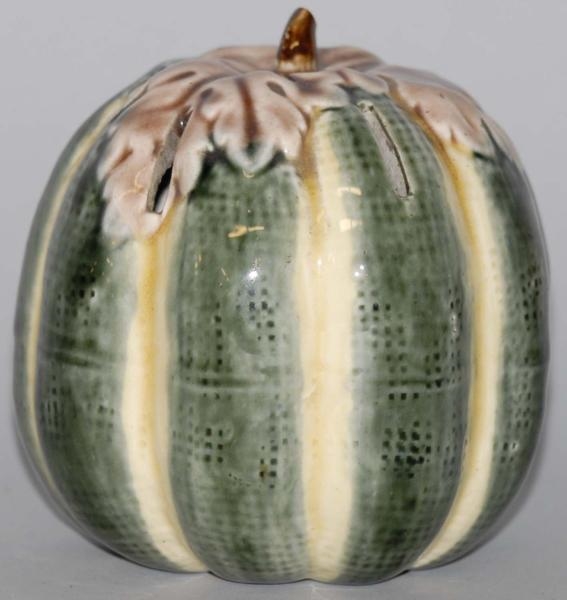 POTTERY GOURD WITH LEAVES STILL BANK.             