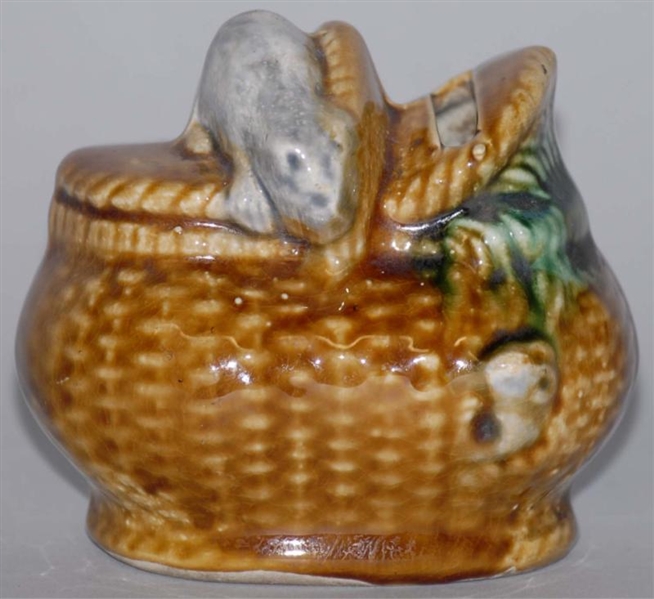 POTTERY BASKET WITH MOUSE STILL BANK.             