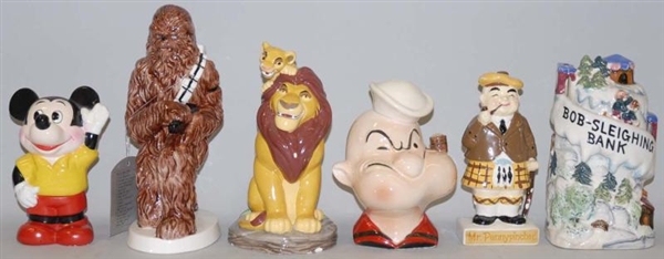 LOT OF 6: POTTERY CHARACTER BANKS.                