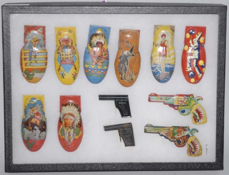 LOT OF 12: ASSORTED TIN LITHO CLICKER TOYS.       
