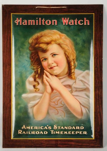 HAMILTON WATCH TIN OVER CARDBOARD SIGN.           