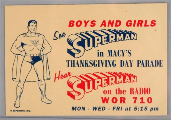 SUPERMAN THANKSGIVING DAY PARADE AD CARD.         