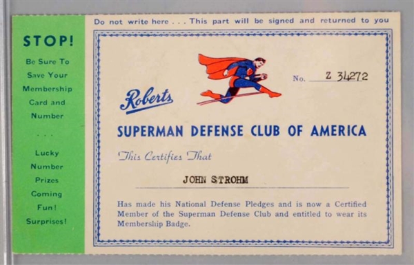 SUPERMAN DEFENSE CLUB MILK MEMBERSHIP CARD.       