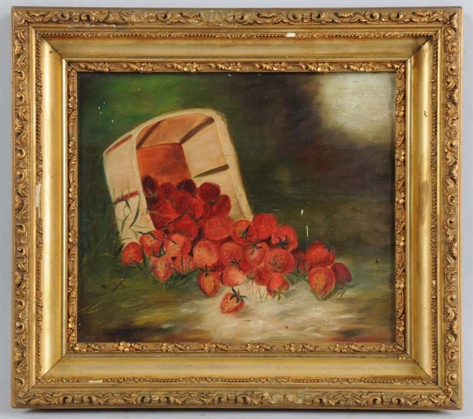 BASKET OF STRAWBERRIES HAND-PAINTED ON BOARD.     