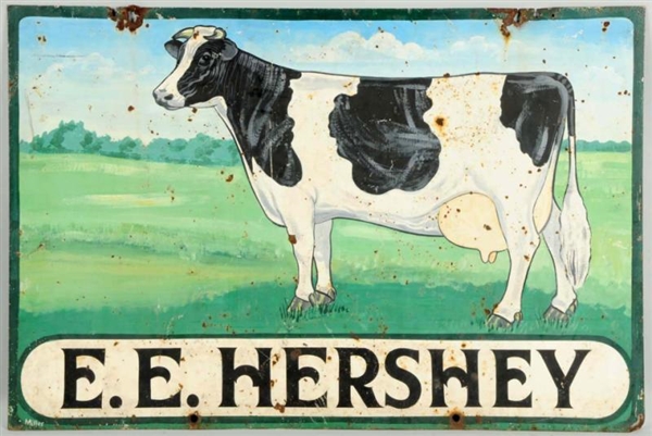 DOUBLE-SIDED PAINTED TIN TRADE SIGN.              