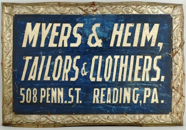 PAINTED TIN ADVERTISING SIGN FOR MEYERS & HEIM.   