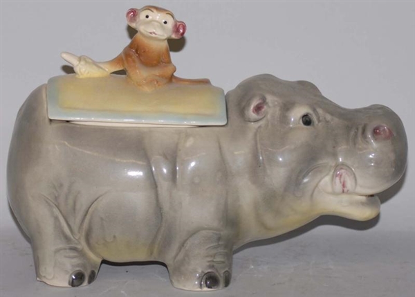 BRUSH POTTERY LAUGHING HIPPO COOKIE JAR.          
