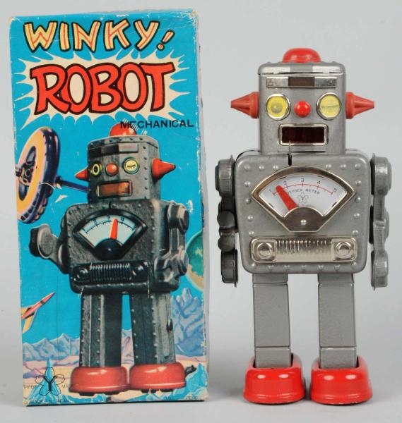TIN LITHO & PAINTED WIND-UP WINKY ROBOT.          