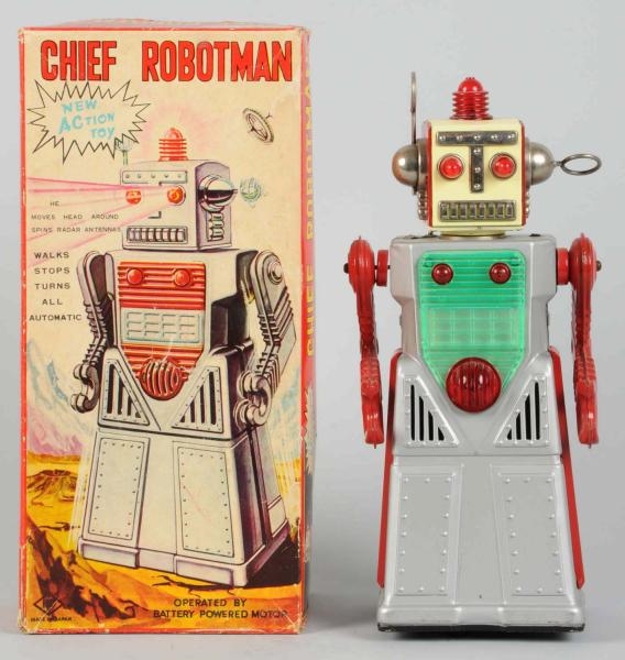 TIN LITHO BATTERY-OPERATED CHIEF ROBOT MAN.       