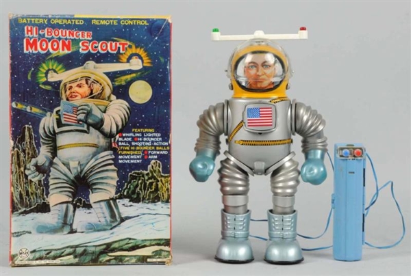 TIN LITHO BATTERY-OPERATED HI-BOUNCER MOON SCOUT. 