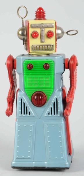 PAINTED TIN BATTERY-OPERATED RADICAL ROBOT.       