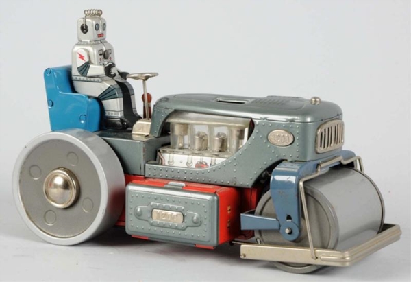 TIN LITHO BATTERY-OPERATED ROBOT STEAMROLLER.     