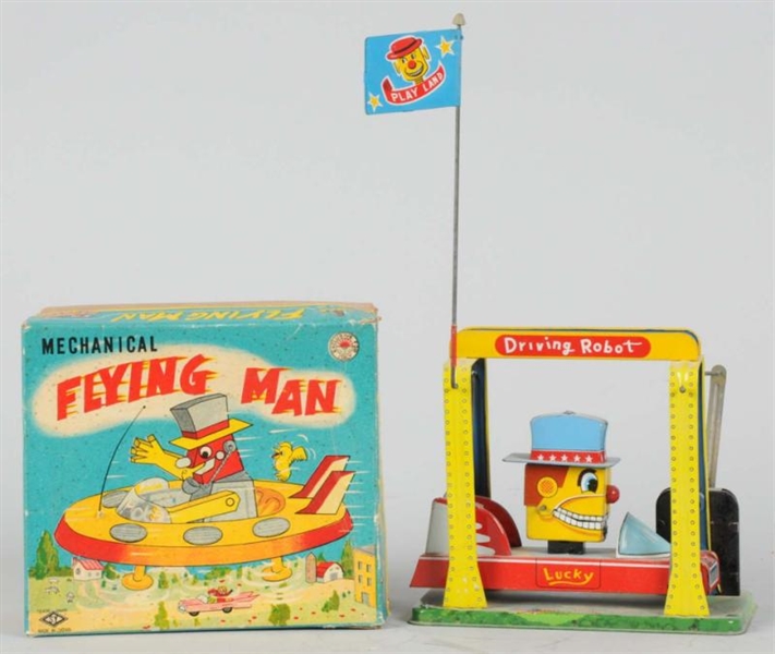 TIN LITHO WIND-UP FLYING MAN/DRIVING ROBOT.       