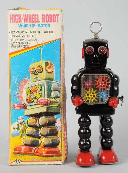 TIN LITHO & PAINTED WIND-UP HIGH WHEEL ROBOT.     