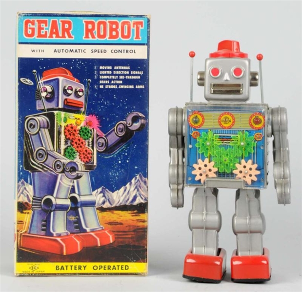 TIN LITHO & PAINTED BATTERY-OPERATED GEAR ROBOT.  
