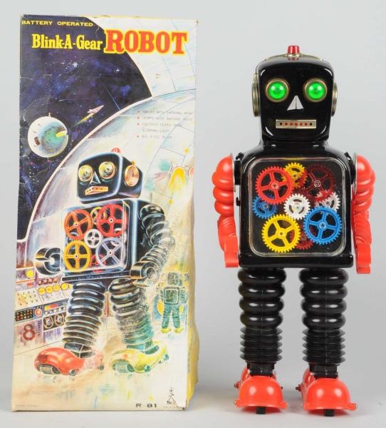 TIN LITHO BATTERY-OPERATED BLINK-A-GEAR ROBOT.    