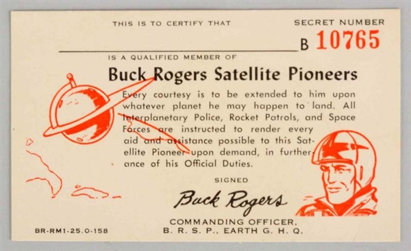 BUCK ROGERS SATELLITE PIONEERS MEMBERS CARD.      