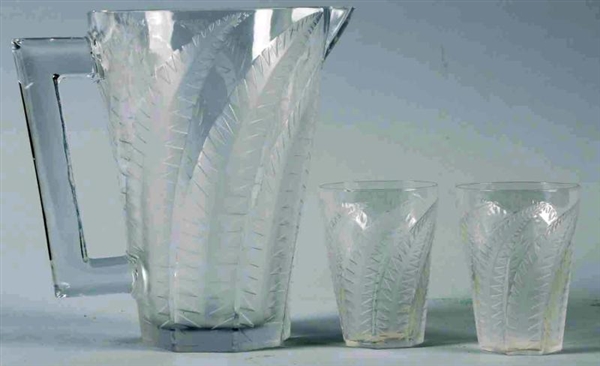 RENE LALIQUE WATER PITCHER & TWO TUMBLERS.        