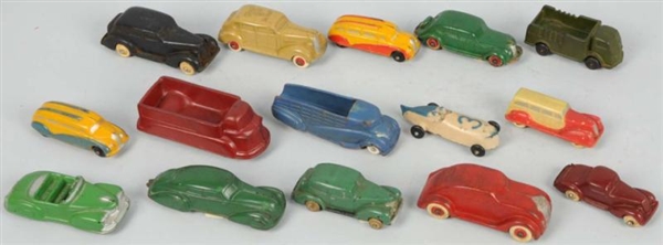 LOT OF 15: ASSORTED RUBBER VEHICLE TOYS.          