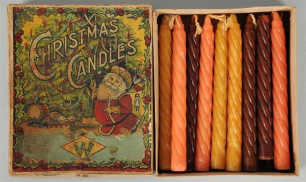 EARLY SANTA CANDLE BOX WITH ORIGINAL CANDLES.     