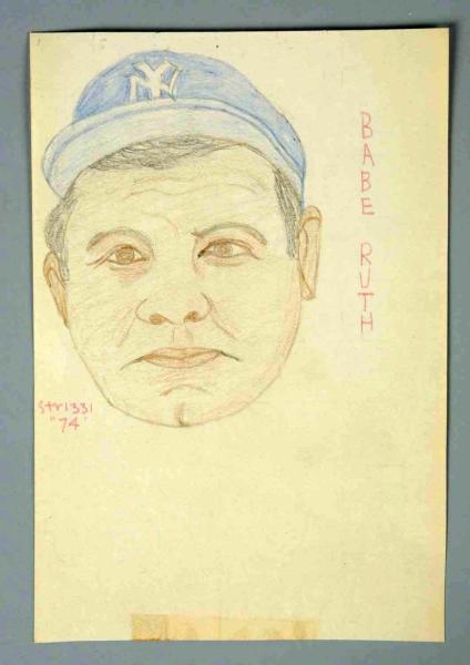 AUTOGRAPHED INDEX CARD & SKETCH OF BABE RUTH.     