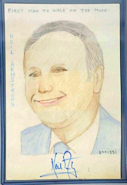 AUTOGRAPHED STRIZZI SKETCH OF NEIL ARMSTRONG.     