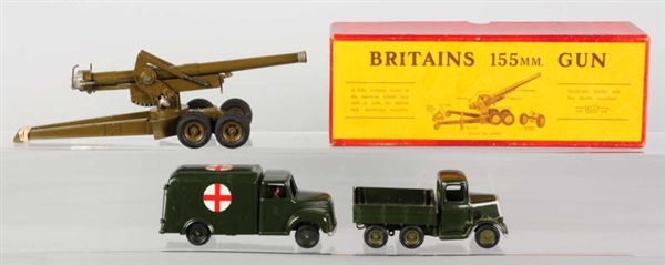 LOT OF 3: BRITAINS MILITARY TOY ITEMS.            