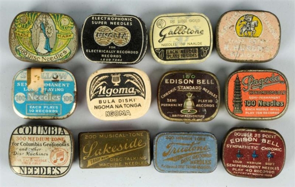 LOT OF 12: RECORD NEEDLE TINS.                    