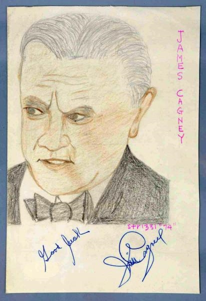 AUTOGRAPHED STRIZZI SKETCH OF JAMES CAGNEY.       