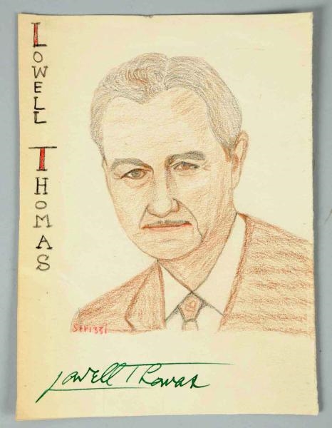LOT OF 2: AUTOGRAPHED SKETCHES OF LOWELL THOMAS.  