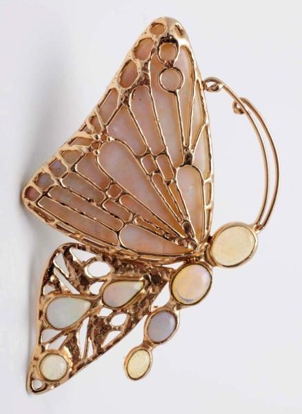 14K GOLD BUTTERFLY BROOCH WITH 8 OPALS.           