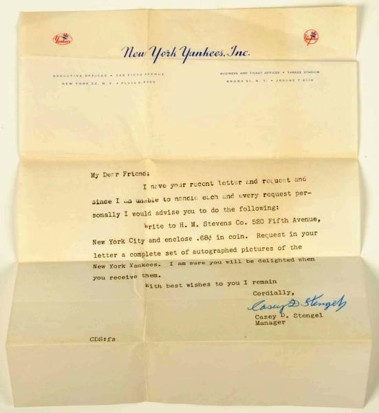 BASEBALL AUTOGRAPHED LETTER FROM CASEY STENGEL.   