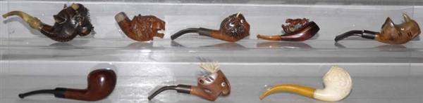 LOT OF 8: HAND-CARVED WOODEN & MEERSCHAUM PIPES.  