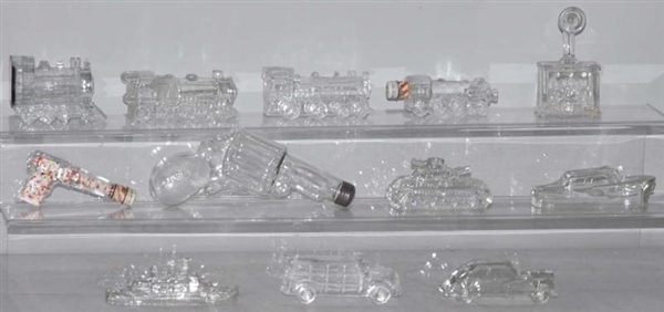 LOT OF 12: ASSORTED GLASS CANDY CONTAINERS.       