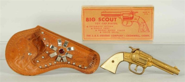 BIG SCOUT CAST IRON CAP GUN WITH BOX & HOLSTER.   