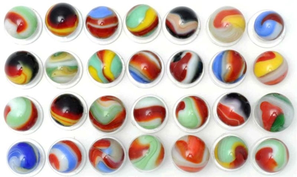 LOT OF 28: AKRO AGATE MARBLES.                    