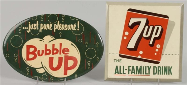 BUBBLE UP CELLULOID & 7UP TIN SIGNS.              