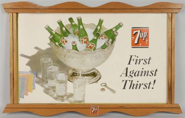 1950S 7UP POSTER & MARKED WOODEN FRAME.           
