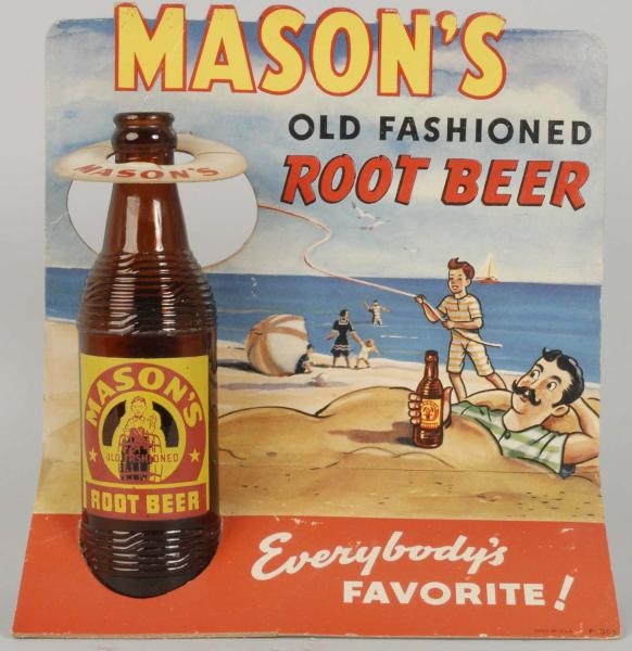 MASONS ROOT BEER BOTTLE WITH SIGN.               