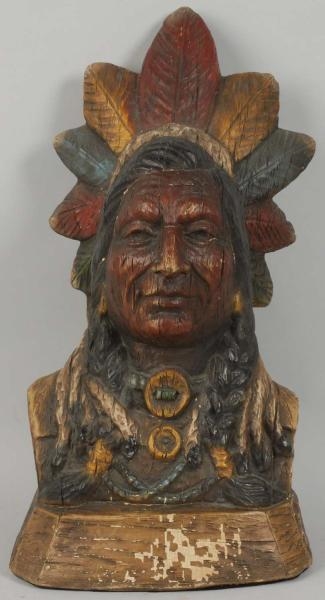 CARVED WOOD INDIAN HEAD BUST.                     