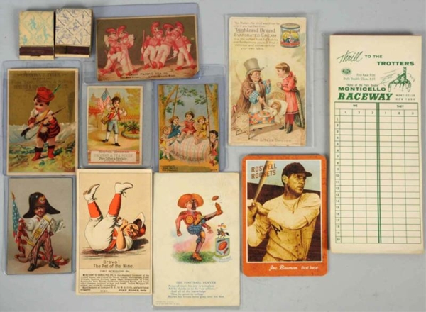 LOT OF 12: ADVERTISING CARDS & SPORTS ITEMS.      
