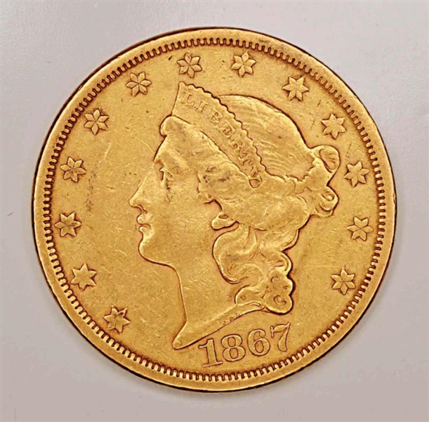 $20 1867-S GOLD DOUBLE EAGLE LIBERTY COIN.        
