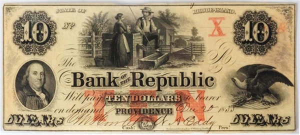 1855 RHODE ISLAND $10 LARGE NOTE.                 