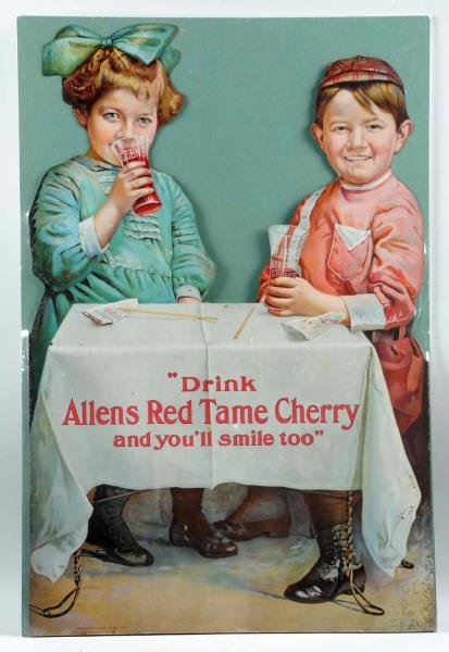 ALLENS RED TAME CHERRY EMBOSSED TIN CUTOUT SIGN.  