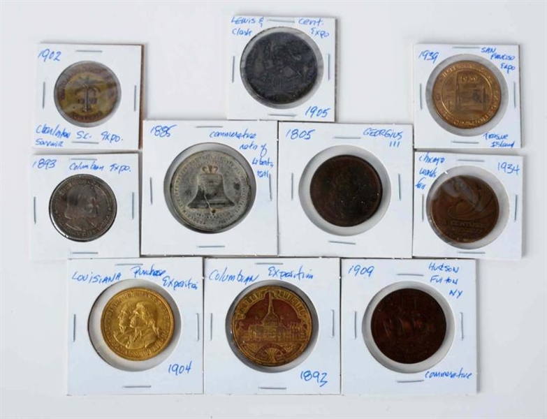 LOT OF 10: MISCELLANEOUS TOKENS & COINS.          