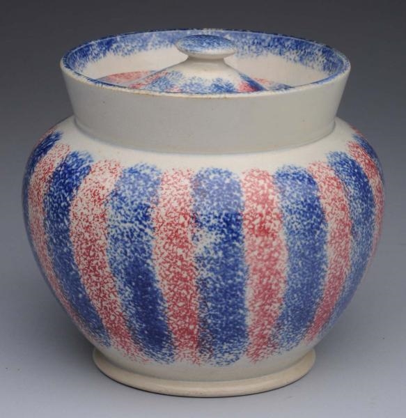 BLUE & RED RAINBOW SPATTERWARE SUGAR BOWL.        