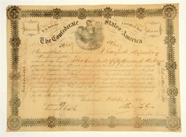 1862 CONFEDERATE LOAN CERTIFICATE $250,000.       